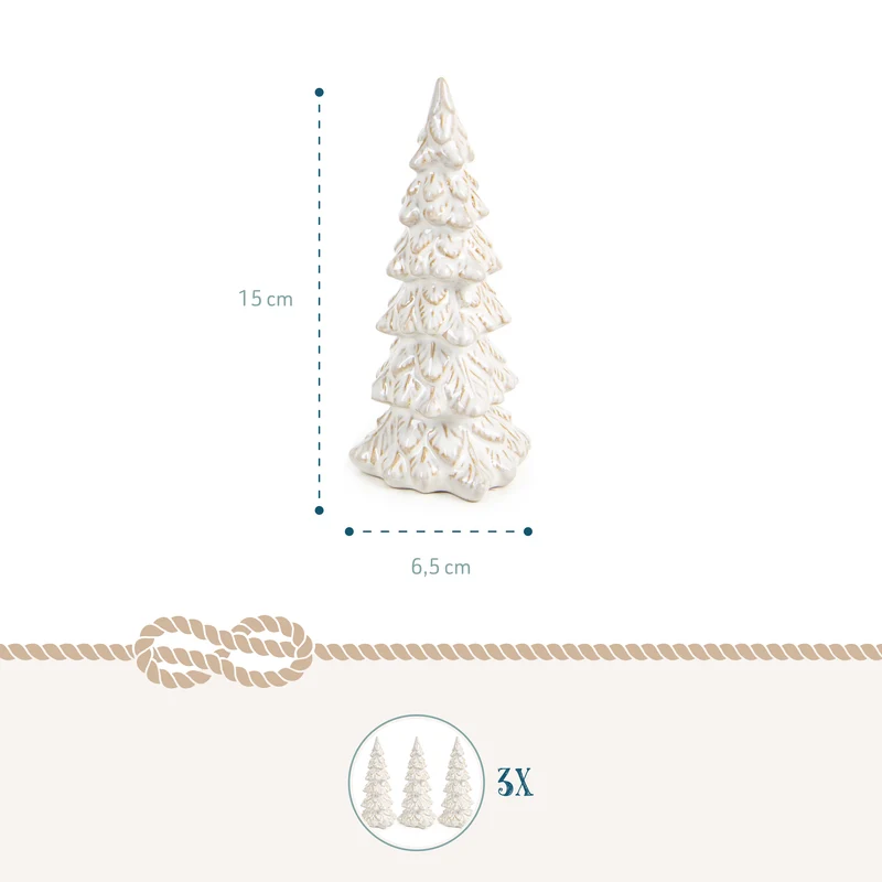 3 Weihnachtsbaum Figuren - creme beige aus Steinzeug 15-19,5 cm