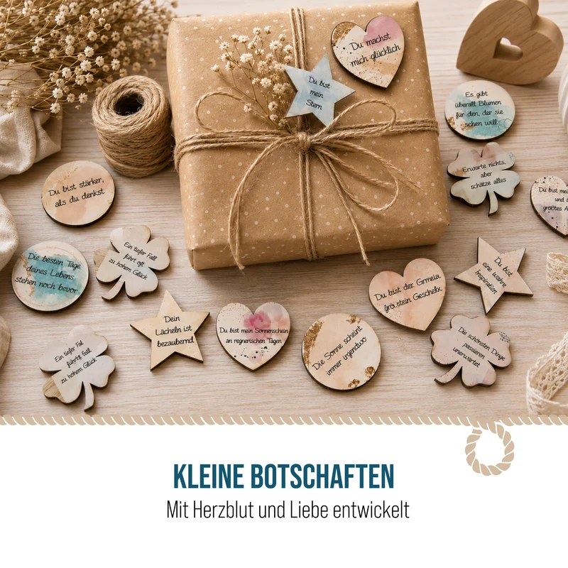 24 kleine Geschenke Glückstaler mit Sprüchen - Glücksbringer 4 cm