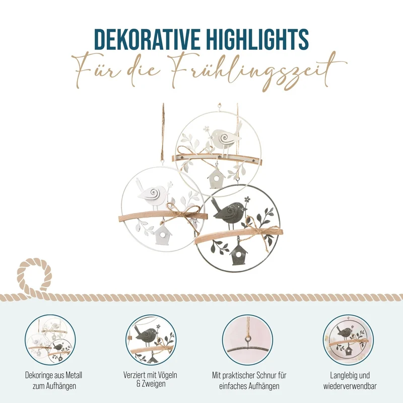Logbuch-Verlag Frühling Deko Set 3 kleine Kränze mit Vogel beige grau weiß Frühlingsdekoration Fenster Ø 13,5 cm
