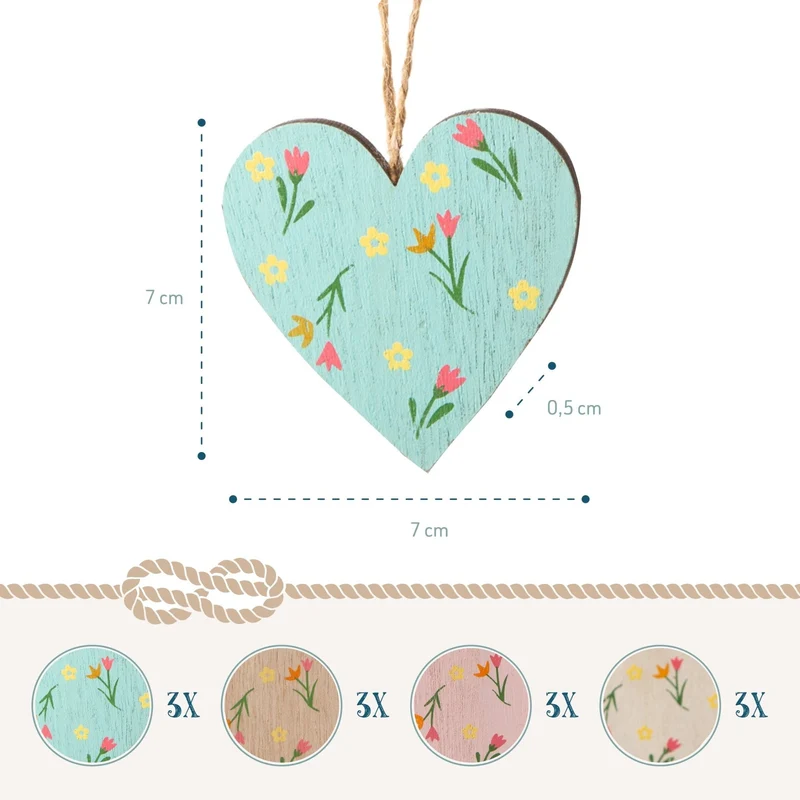 Logbuch-Verlag 12 Holzherzen zum Aufhängen Pastell bunt Herz Anhänger Osterdekoration Frühling Hochzeit Deko 7 cm