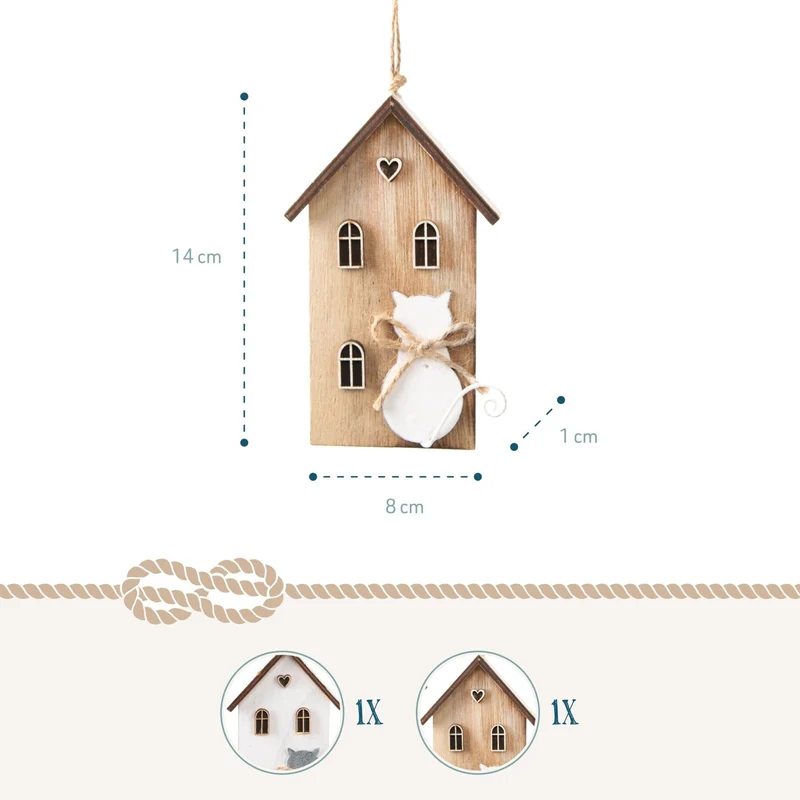 Logbuch-Verlag 2 Deko Häuser mit Katze Natur grau weiß Holz Geschenkanhänger Hängedekoration Frühling Katzendeko zum Aufhängen 8 x 14 cm