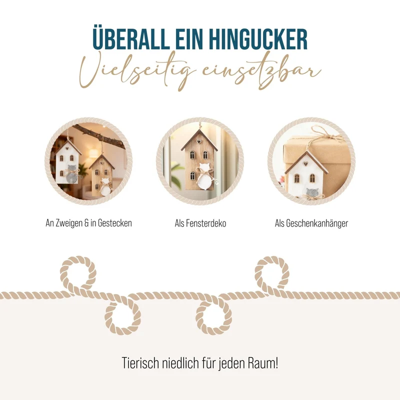 Logbuch-Verlag 2 Deko Häuser mit Katze Natur grau weiß Holz Geschenkanhänger Hängedekoration Frühling Katzendeko zum Aufhängen 8 x 14 cm