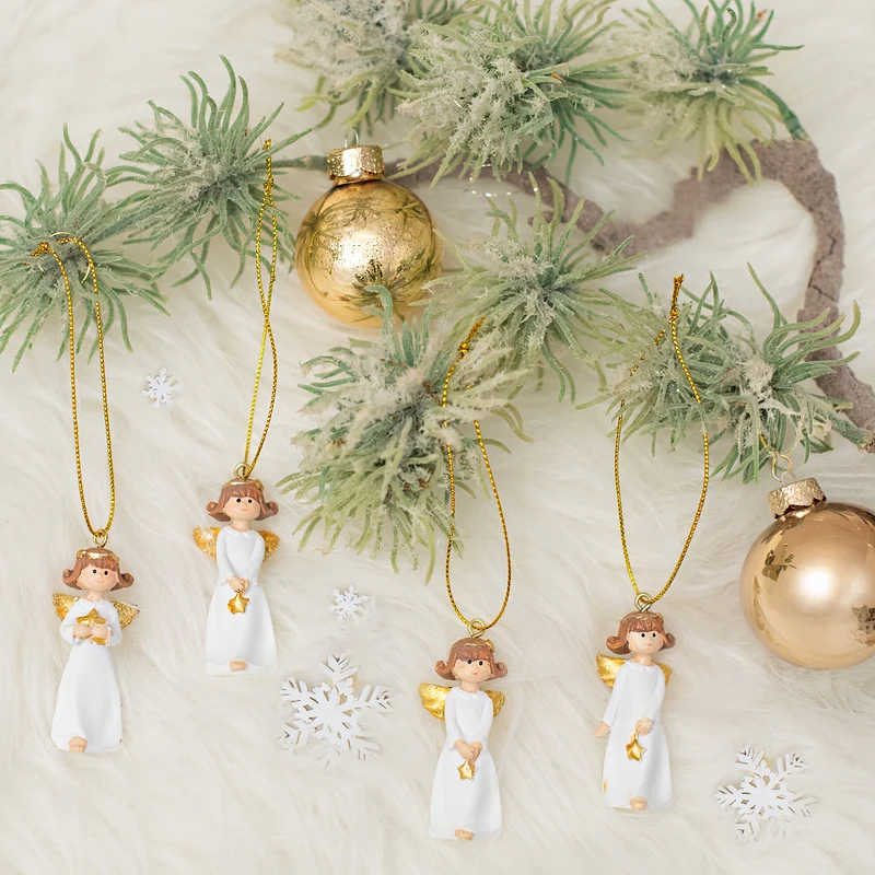 4 Engel mit Schnur zum Aufhängen - weiß Gold Weihnachtsengel 5 cm