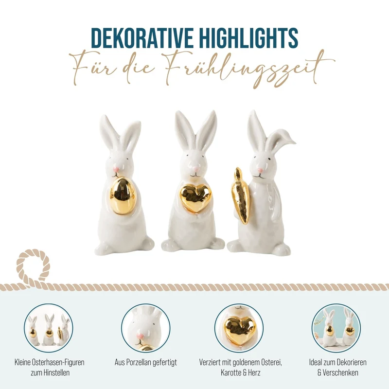 Logbuch-Verlag 3 edle Osterhasen Deko Figuren Gold weiß Osterdekoration aus Porzellan Ostergeschenke 12,5 cm