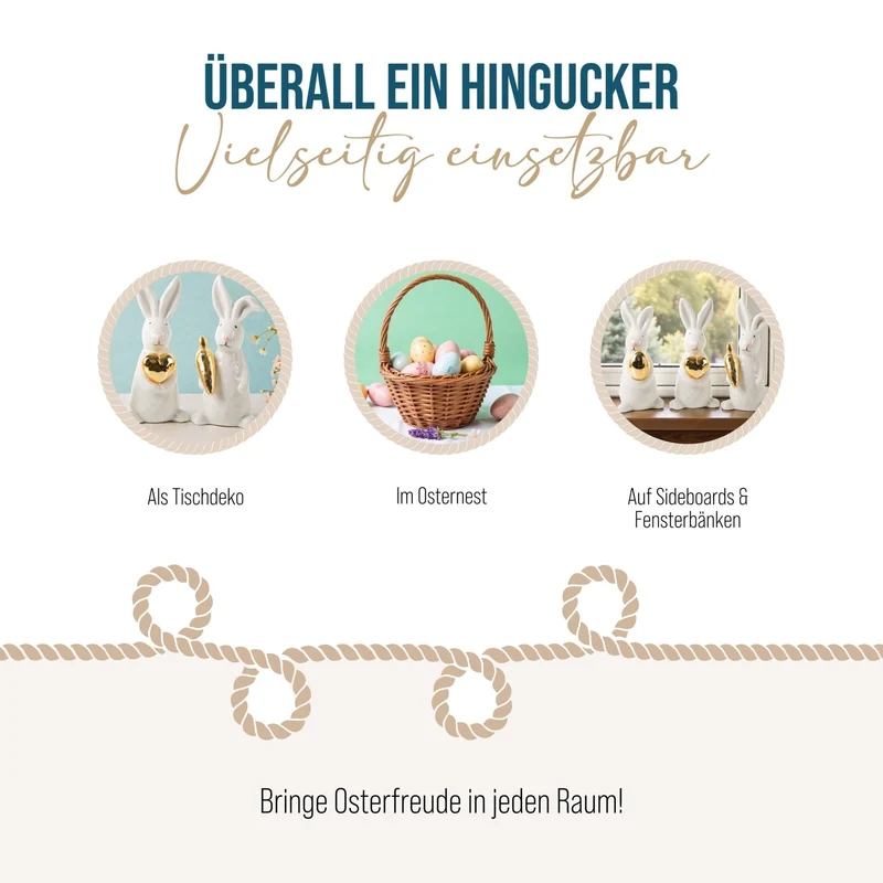 Logbuch-Verlag 3 edle Osterhasen Deko Figuren Gold weiß Osterdekoration aus Porzellan Ostergeschenke 12,5 cm