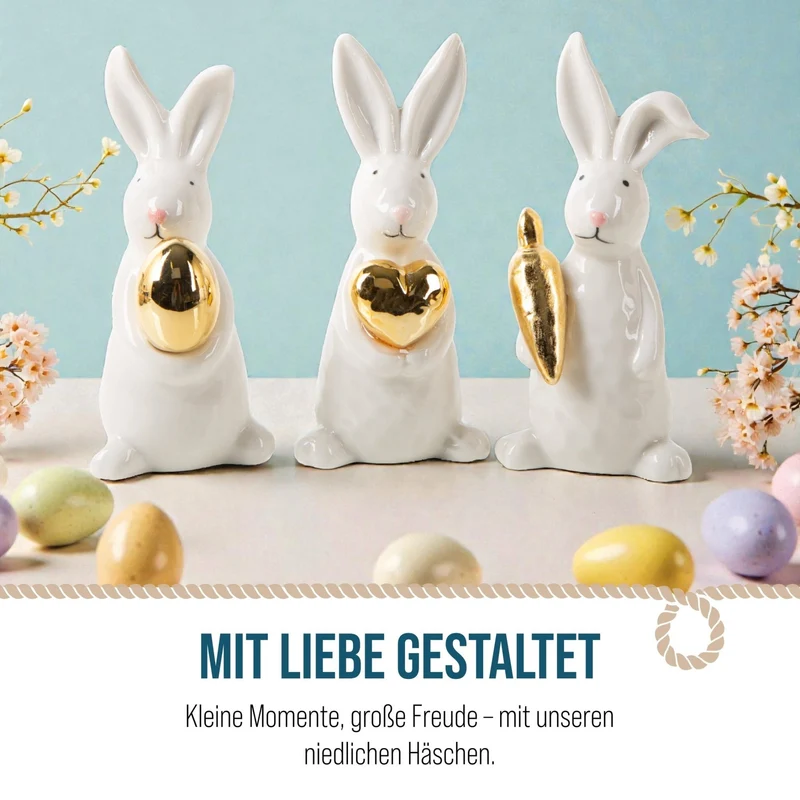 Logbuch-Verlag 3 edle Osterhasen Deko Figuren Gold weiß Osterdekoration aus Porzellan Ostergeschenke 12,5 cm