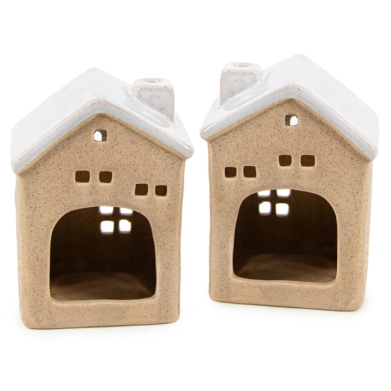 Logbuch-Verlag 2 Windlichter Haus Figuren beige weiß aus Steinzeug Teelichthalter Stimmungslicht Wohnzimmerdeko 14-16 cm