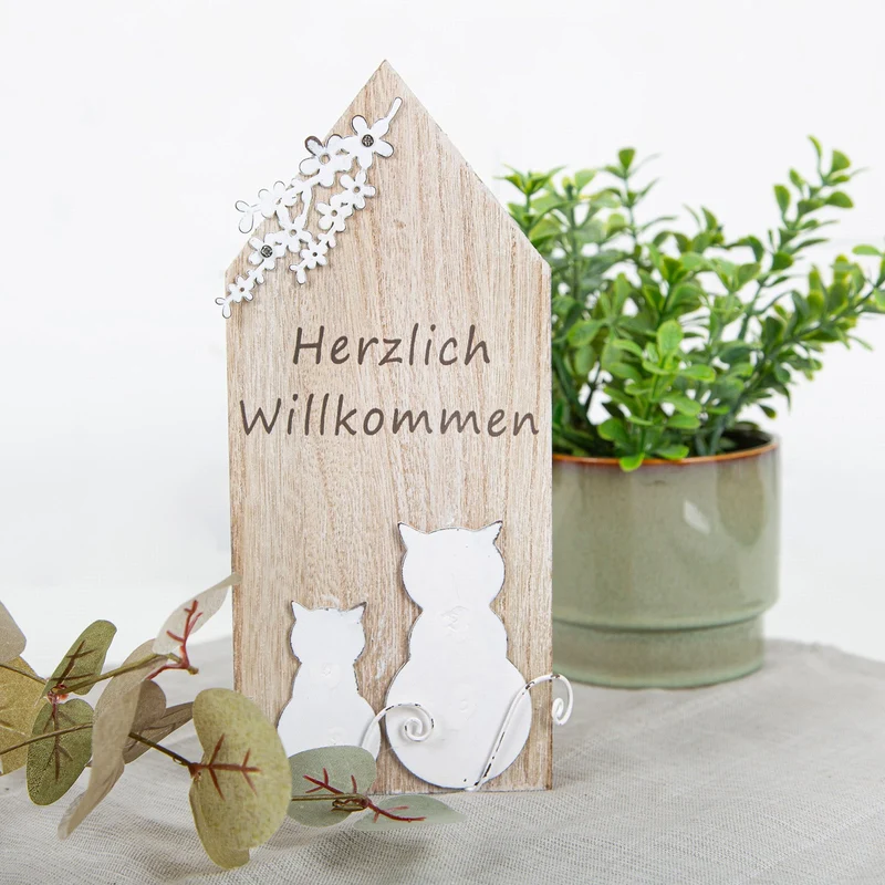 Holz Haus Herzlich Willkommen - braun weiß mit Katzen-Motiv 10 x 22 cm