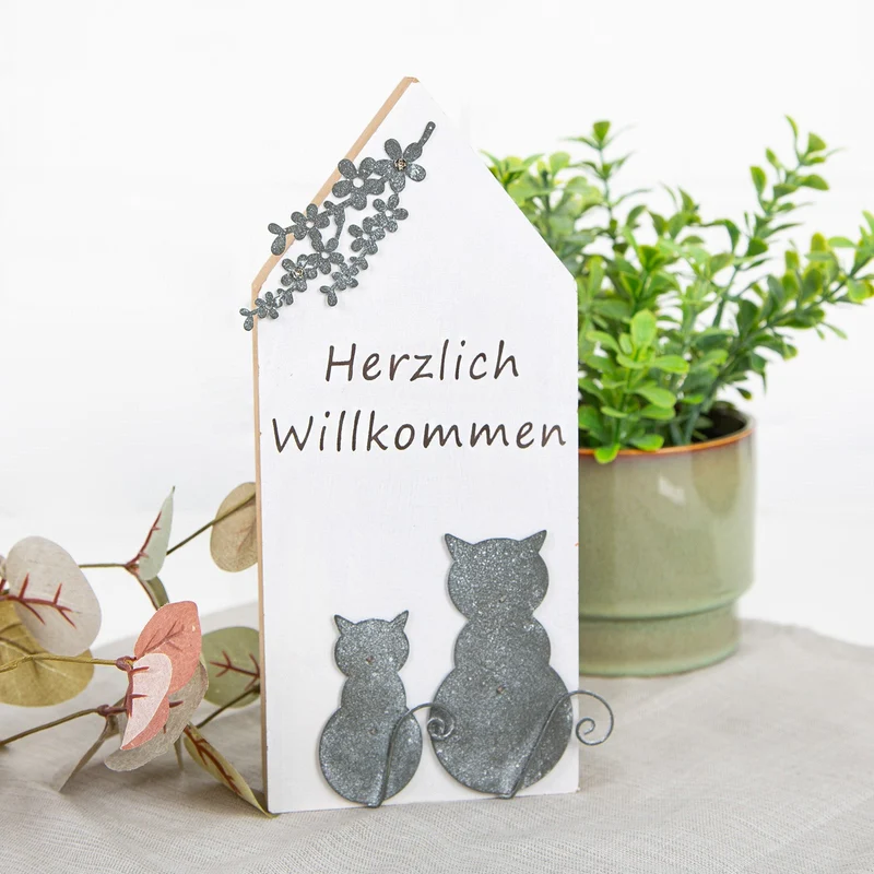 Herzlich Willkommen Holzhaus mit Katzen - für Flur & Eingangsbereich 10 x 22 cm