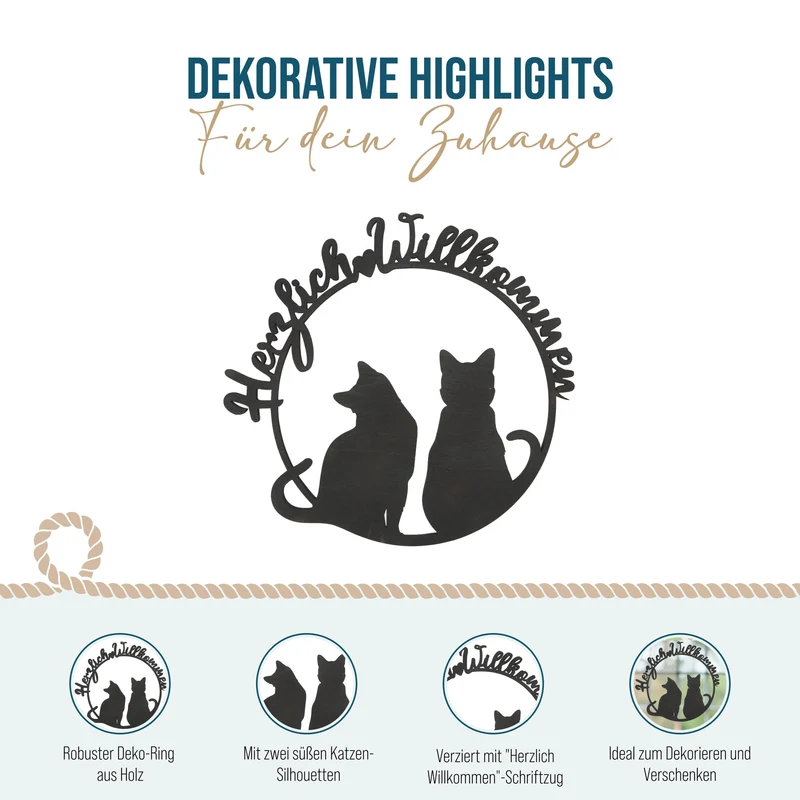 Logbuch-Verlag Katze Türkranz Herzlich Willkommen aus Holz Dekokranz Willkommensschild schwarz 30 x 29 cm