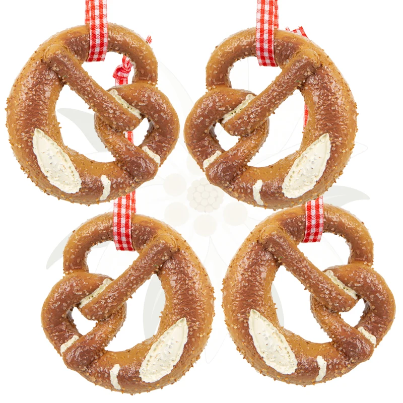 4 künstliche Brezen mit rot-weißem Band - Bayern Oktoberfest 7,5 x 7 cm