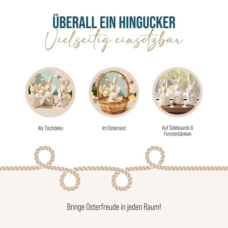 Logbuch-Verlag 3 Osterhasen Porzellan Figuren Creme weiß mit Herz Karotte & Osterei Osterdekoration stehend 13,5 cm