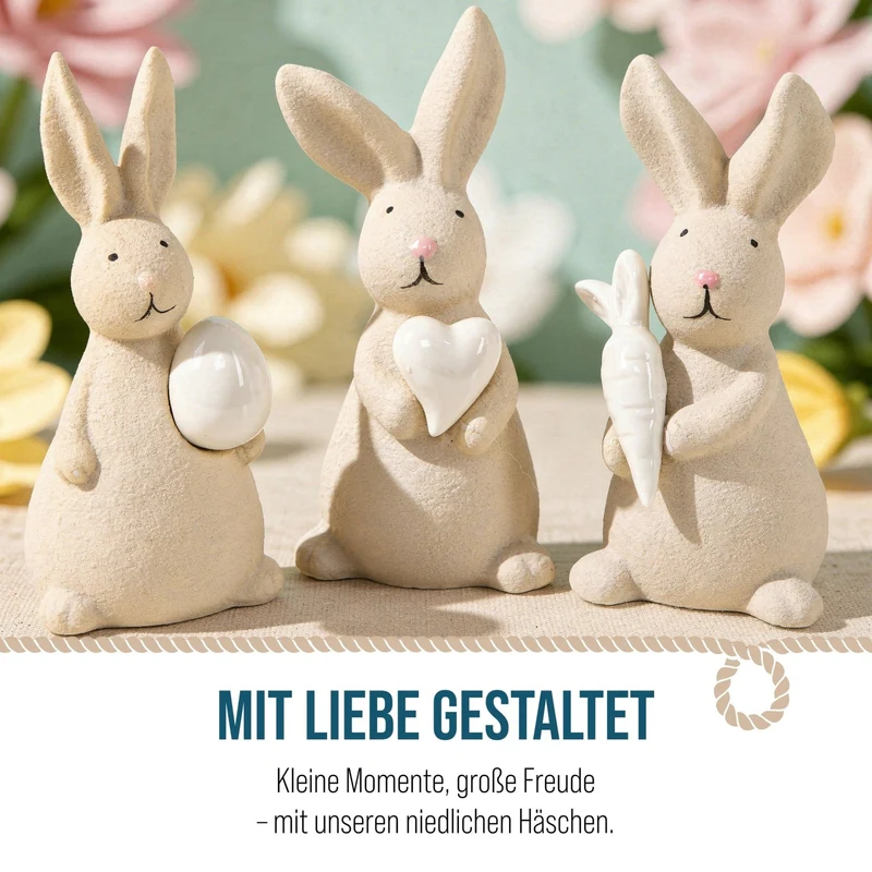 Logbuch-Verlag 3 Osterhasen Porzellan Figuren Creme weiß mit Herz Karotte & Osterei Osterdekoration stehend 13,5 cm
