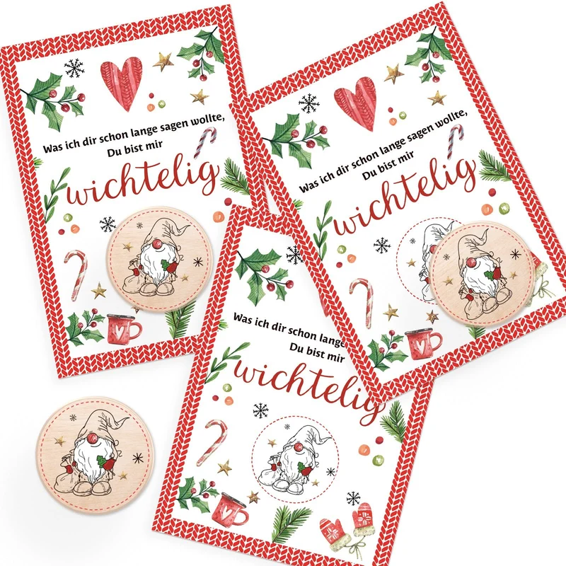 3 Weihnachtskarten DIN A6 – Wichtel-Spruch rot-grün mit Glückstaler aus Holz