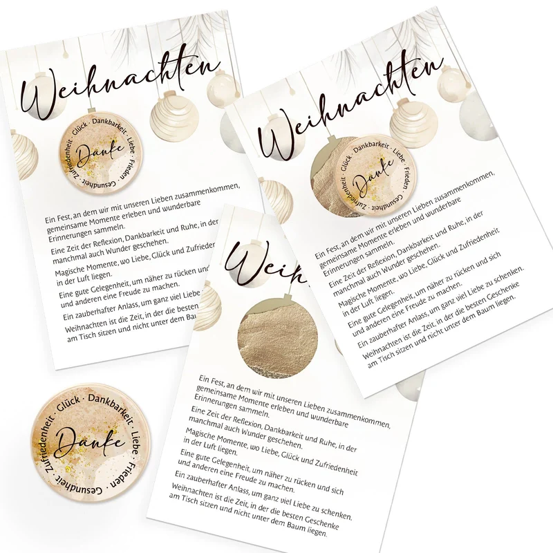 3 Weihnachtskarten DIN A6 Klappkarten mit Umschlag – schwarz-weiß-gold mit Glückstaler aus Holz