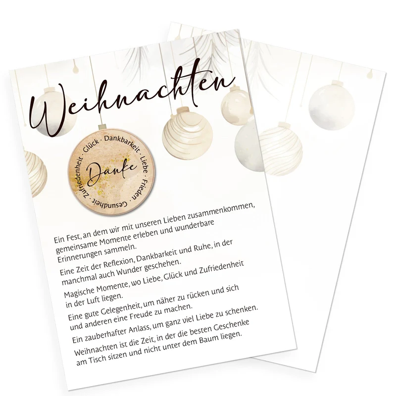 1 Weihnachtskarte DIN A6 Klappkarte mit Umschlag – schwarz-weiß-gold mit Glückstaler aus Holz