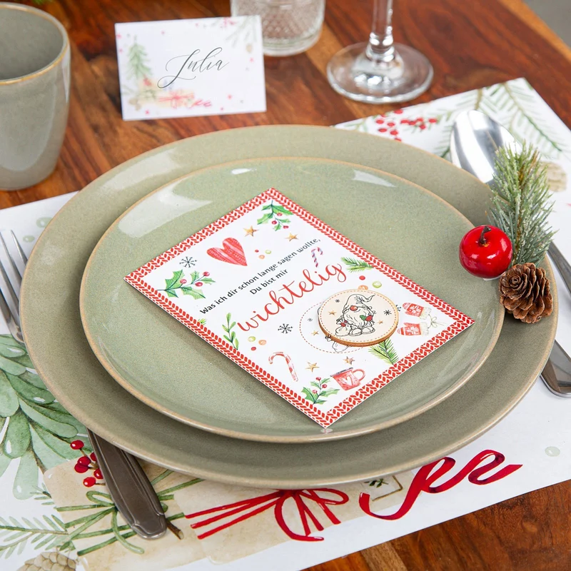 1 Weihnachtskarte DIN A6 – Wichtel-Spruch rot-grün mit Glückstaler aus Holz