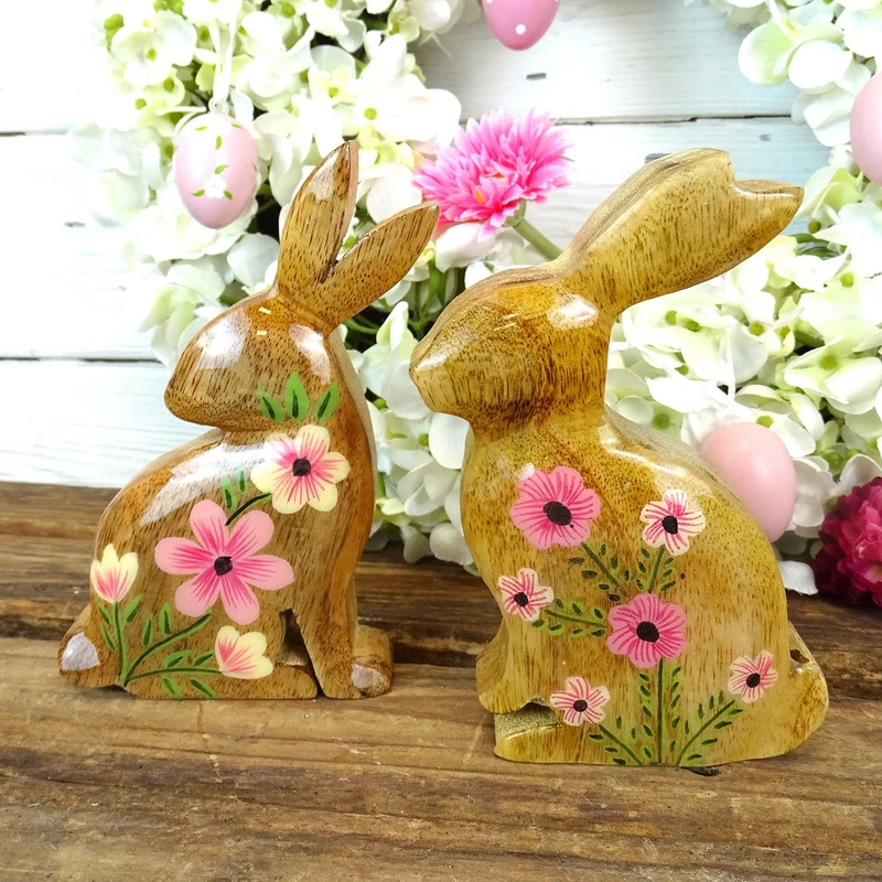 Logbuch-Verlag Deko-Hasen Holz 2er-Set 10x2,8x14 cm – natürliche Osterdeko aus Mangoholz mit Blumen – Frühjahrsdeko zum Hinstellen