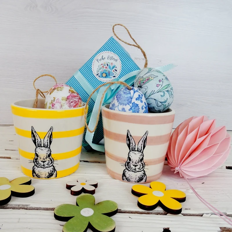 Logbuch-Verlag Pflanztöpfe Hase 2er-Set Keramik 8x8x7,5 cm – Osterdeko Blumentopf in Rosa & Gelb mit Hasenmotiv – Frühlingstöpfchen für Fensterbank